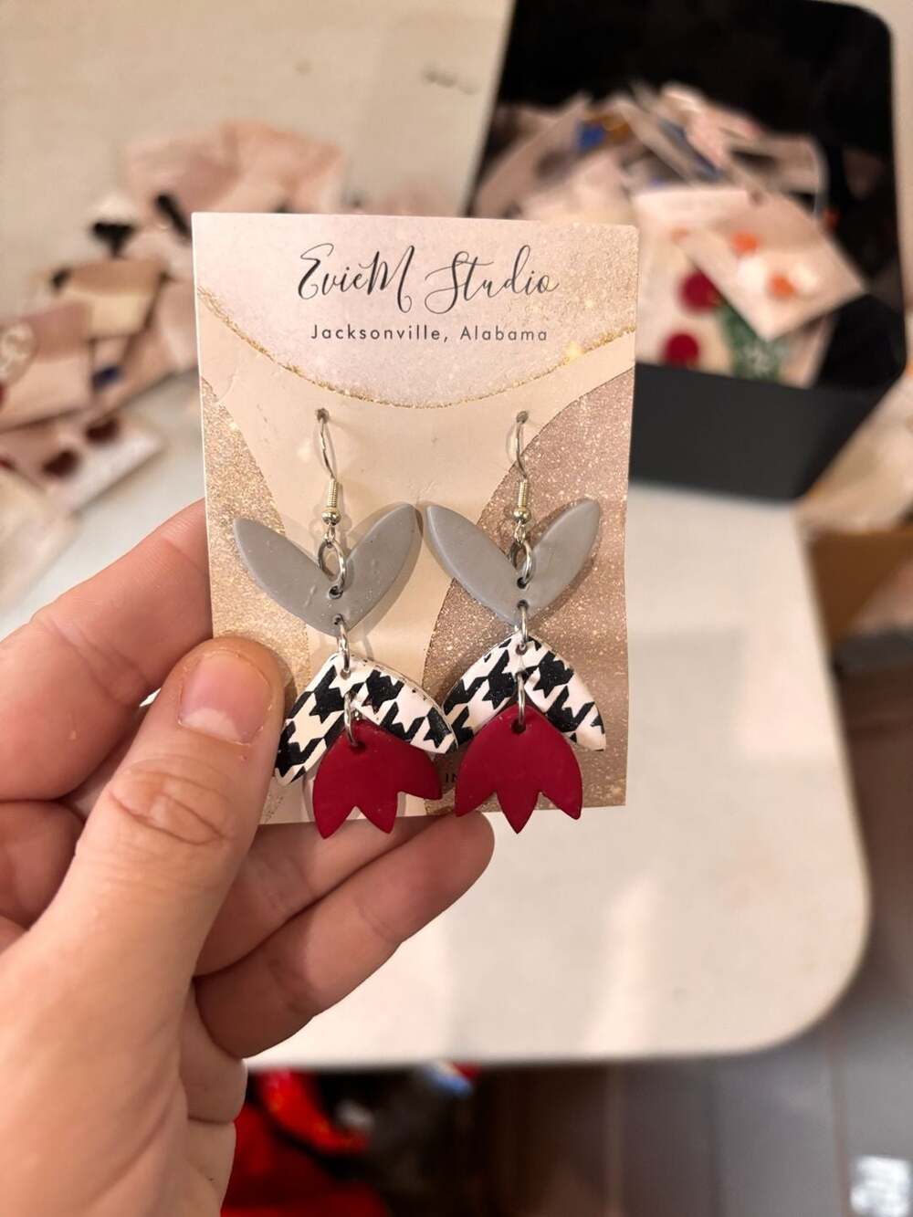 Evie M Studio Layered Clay Dangle Earrings Gray Houndstooth Red